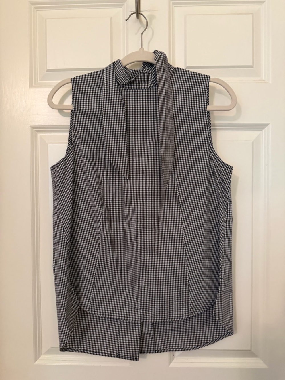 Frame Denim Black and White Gingham Tie-Neck Sleeveless Top